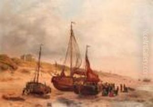 Numerous Fisherfolk And A Fishing Fleet Near Paviljoen Von Wied,scheveningen In The Distance by Willem Troost