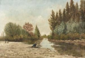 Flussuferpartie Mit Wascherin. by Henri Charles Trouville