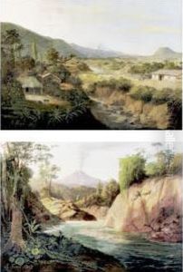 A Pair Of Paintings: View Of Volcano And Errupting Volcano, Ecuador by Rafael Troya