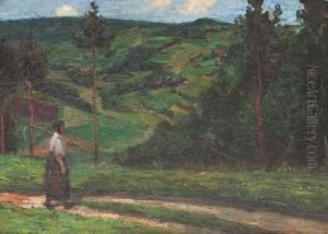 Hugelige Landschaft Mit Bauerin Auf Feldweg by Wilhelm Heinrich Trutbner
