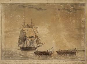 Three Handcoloured Aquatints With Naval Battle Scenes by Niels Truslew