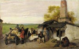 City Travellers Being Offered Fruit At A Ukrainian Roadside Dwelling by Konstantin Aleksandrovich Trutovskii