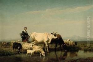 A Herder Watering Her Livestock by Edmond Jean Baptiste Tschaggeny