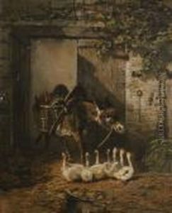 Barnyard With A Donkey And Geese by Edmond Jean Baptiste Tschaggeny