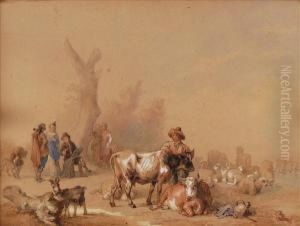 Figures Withcattle, Sheep And A Goat by Edmond Jean Baptiste Tschaggeny