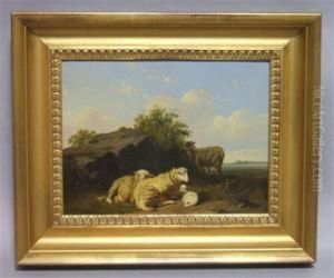 Lamb And Goat Resting by Edmond Jean Baptiste Tschaggeny