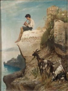 Ung Herde I Antikiserande Ruinlandskap by Albert Tschautsch