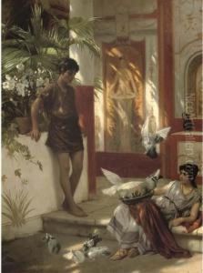 Feeding The Doves In An Atrium by Albert Tschautsch
