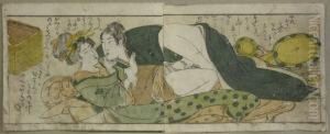 Shunga-doppelblatt. Kurtisane Und Trommelspieler. Japan by Kitagawa Tsukimaro