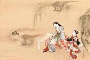 Courtesan And Attendant Enjoying The Evening Cool by Kawamata Tsunemasa