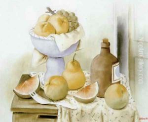 Still Life With Fruits And Bottle by Fernando Botero
