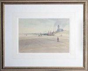 Fishing Boats On A Long Beach Pulled Up Near A Church by Arthur Tucker