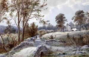 Near Windermere, Figures By A Stone Bridge And Stream Before A Cottage by Edward Tucker
