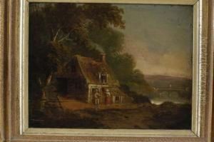 Figures Outside A Country Cottage, With A River And Bridge Beyond by John Wallace Tucker