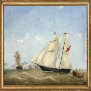 The Schooner Brig Fanny In Fresh Wind Off A Rocky Coast by Frederick Tudgay