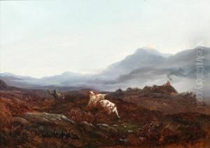 Highland Scene With Huntsman And Dogs Flushing Out Grouse by Joseph Thomas Tuite