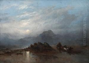 Moonlit Shore Scene With Horse-drawn Cart by Joseph Thomas Tuite
