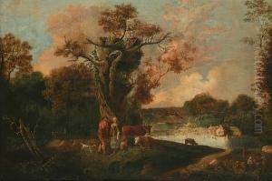 River Landscape With Cowherd, Milkmaid And Cattle By A Tree