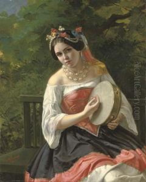 Portrait Of A Young Lady In Costume Playing A Tambourine - view 1