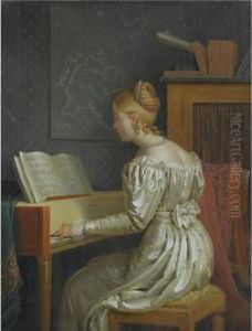An Interior With An Elegant Lady Playing A Piano by Hendrik Turken