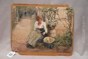 Girl In Garden With Puppy On Lap by Alfred M Turner
