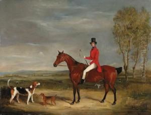 A Huntsman On A Bay Hunter With Hounds And A Terrier In Anextensive Landscape by Francis Calcraft Turner