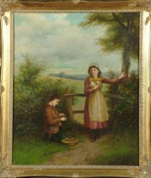 "the Birds Nest" - A Girl And A Small Boy At A Stile Feeding Three Young Birds - view 1