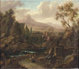 A Classical River Landscape With Two Travellers Resting With Their Dog Beside Ruins by Johan Christoph Turner