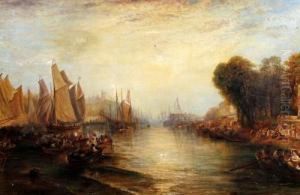 Figures And Boats In A British Estuary, Evening
