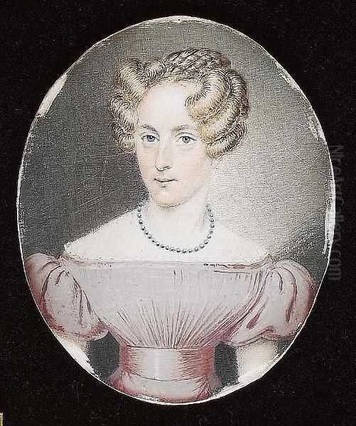 A Lady, Wearing A Pale Pink Dress With Matching Waistsash And White Lace Trim, Her Neck Adorned With Blue Beaded Necklace. - view 1