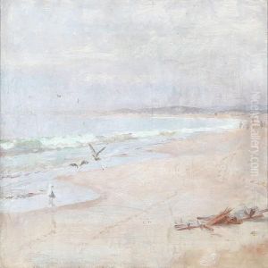 Coastal Scene With Seagulls And People On The Beach by Laurits Regner Tuxen