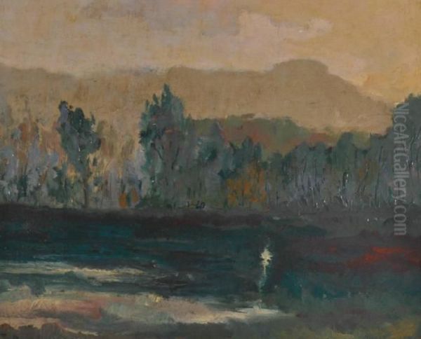 A Tree-lined Mountainous French Landscape At Dusk - view 1