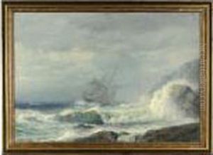 A Ship Off A Rocky Coast In A Storm by James Gale Tyler