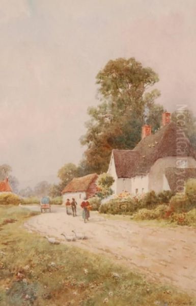 Figures Near Thatched Cottages - view 1