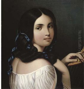 A Young Beauty At Her Harp