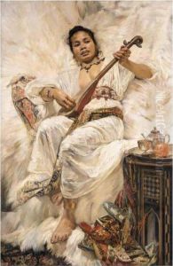 An Oriental Woman Playing The Mandolin