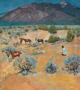 Taos Landscape With Indians by Walter Ufer