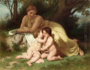 Jeune femme contemplant deux enfants qui s'embrassent (Young woman contemplating two embracing children)