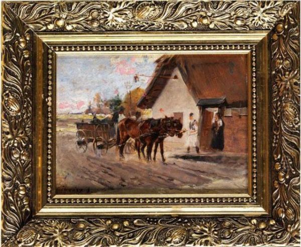 Pferdegespann Vor Einem Ungarischen Bauernhof Mit Figurenstaffage - view 1