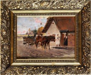 Pferdegespann Vor Einem Ungarischen Bauernhof Mit Figurenstaffage by Ignac Ujvary