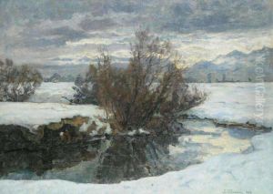 A Winter Landscape With A Pond by Julius Ullmann