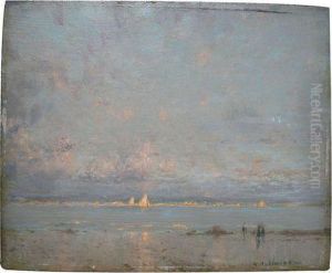 Plage Du Pouliguen Au Crepuscule Voiliers Au Soleil Couchant by Raoul Andre Ulmann
