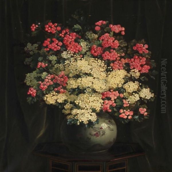 Red And White Hawthorn Branches In A Japanese Vase On A Table - view 1