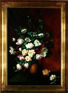 A Still Life With Yellow And Pink Roses In A Vase On A Table by Emil C. Unlitz