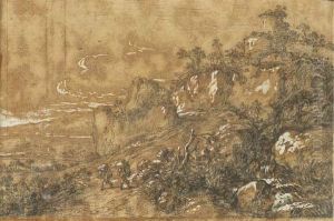A Mountainous Landscape With A Tower, Two Travellers On A Road Inthe Foreground by Jonas Umbach