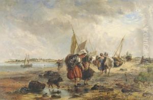 Coastal Scene With Fisherfolk Beside Boats by Frederick Charles Underhill