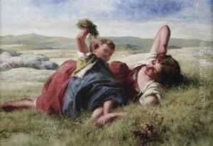 Mother And Child Beside A Harvest Field by William Underhill