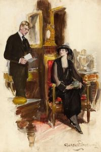 Man Reading Letter To A Seated Mourning Woman, Saturday Evening Post Illustration by Clarence Frederick Underwood