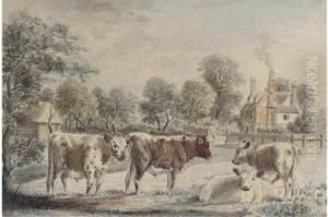 Young Cattle Before A Farmhouse by Thomas Richard Underwood