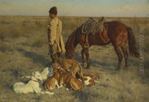 Kosake Mit Pferd Und Hunden In Der Steppe. by Hugo Ungewitter
